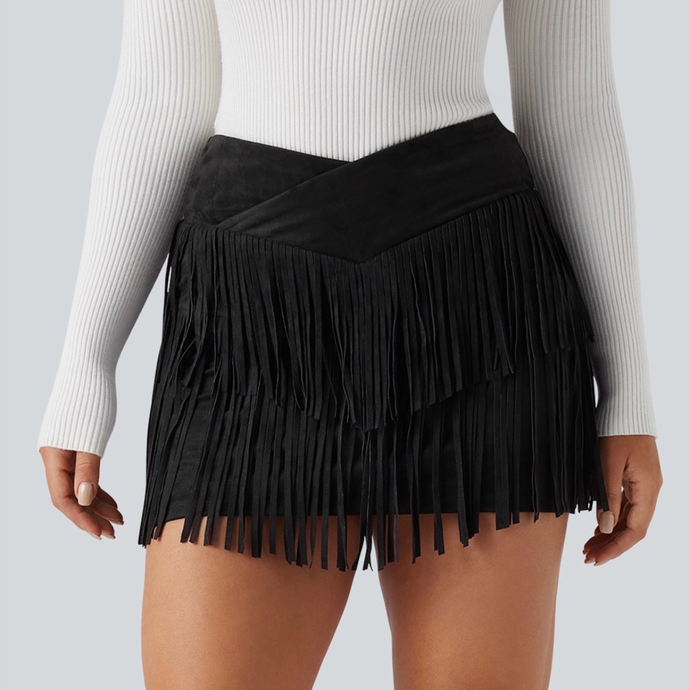 HALARA Crossover High Waisted 2 in 1 Suede Fringe Skirt Black XL